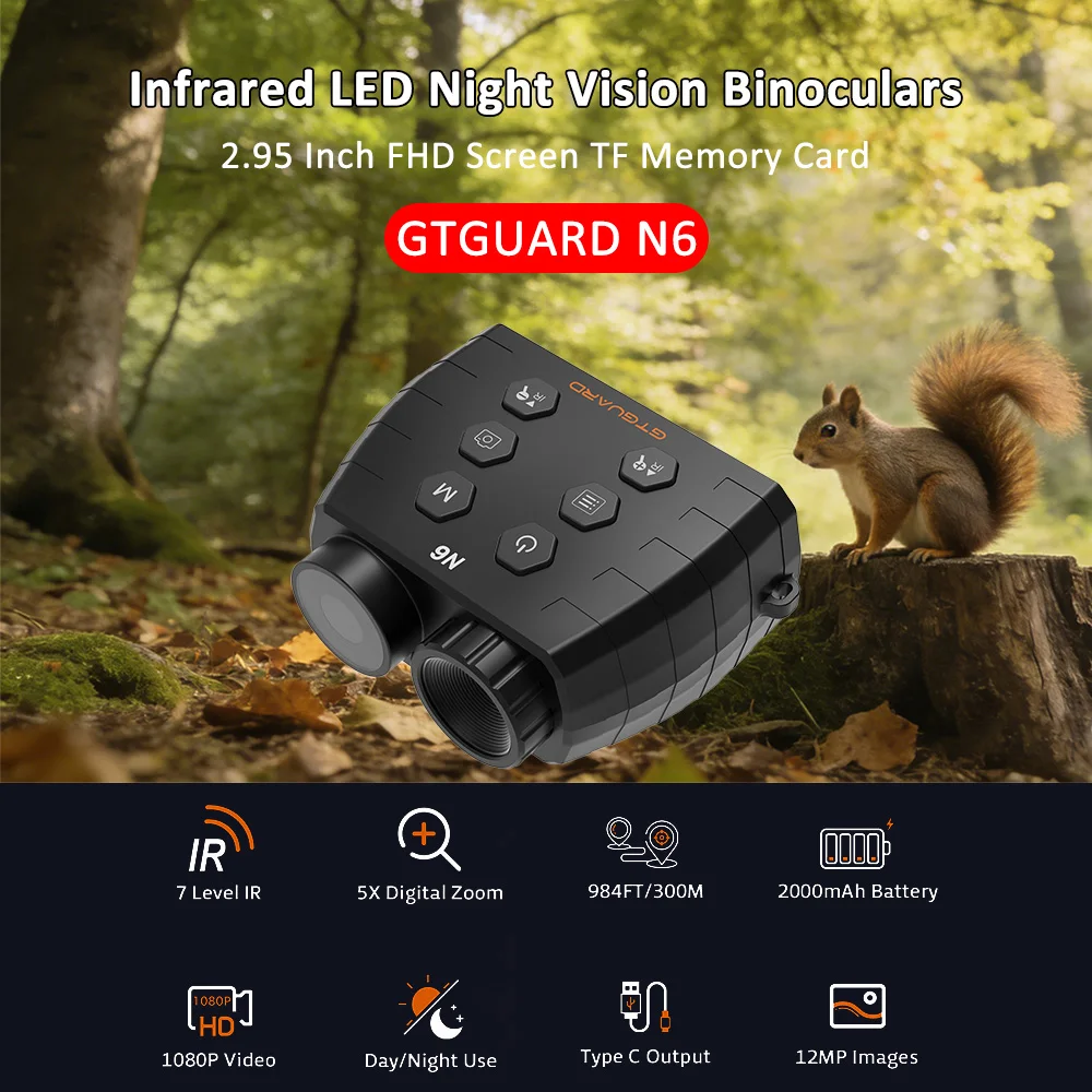 

Бинокль ночного видения GTGUARD N6 с 2,95-дюймовым TFT HD-экраном 1920*1080 FHD, очки с записью фото и видео на TF-карту