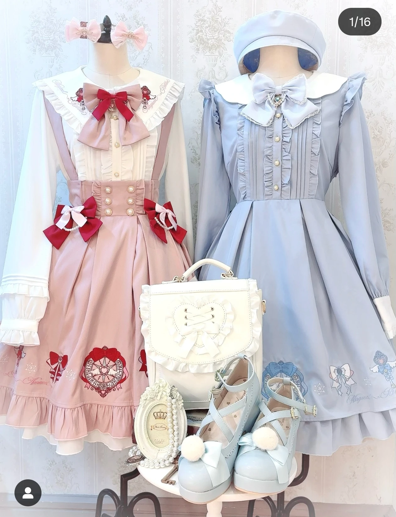 和菓子のような可愛さ、ロリータ風の大きなリボン付きドールカラーのショートドレス、女性用刺繍入り長袖シャツ、ハイウエストサスペンダースカートのセット