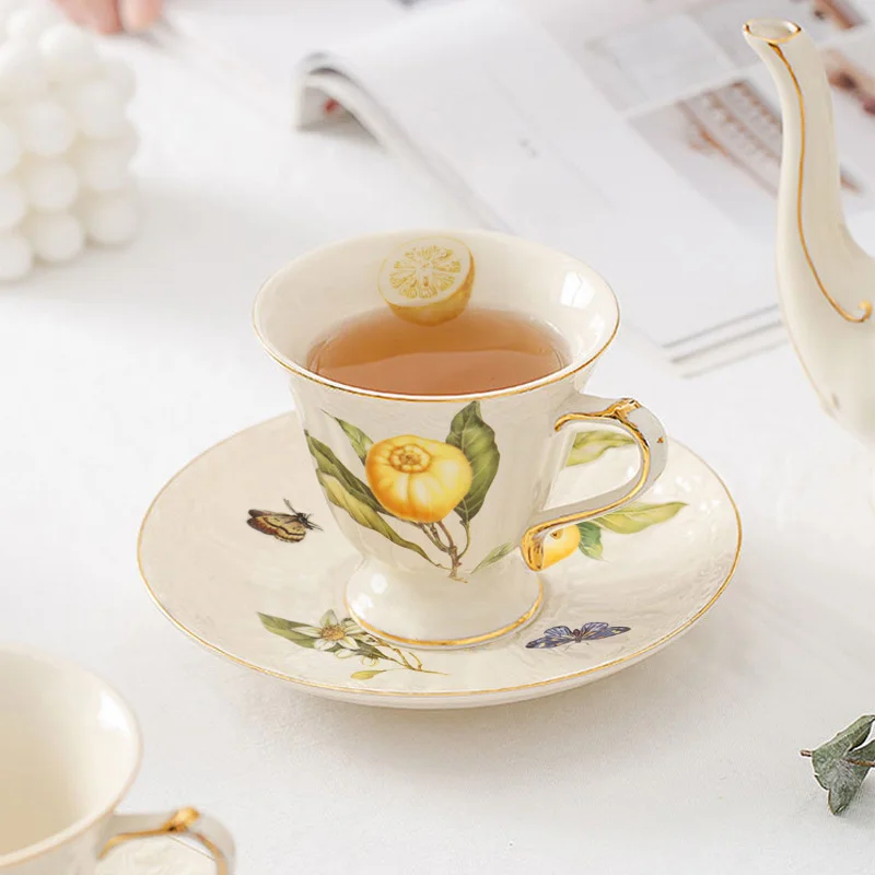 Gold Edge Lemon Teapot Cup And Saucer Coffee Mug Ceramic Dinner Plates Drinkware For Birthday Wedding