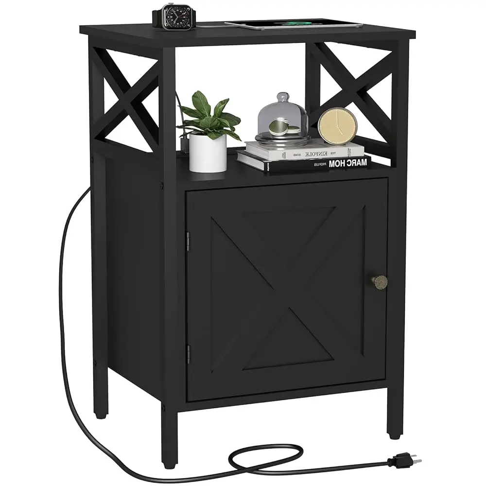 

End Table With Charging Station, Side Table With Power Outlet & Usb Ports, Nightstand With 2 Tiers Storage Space And Storage