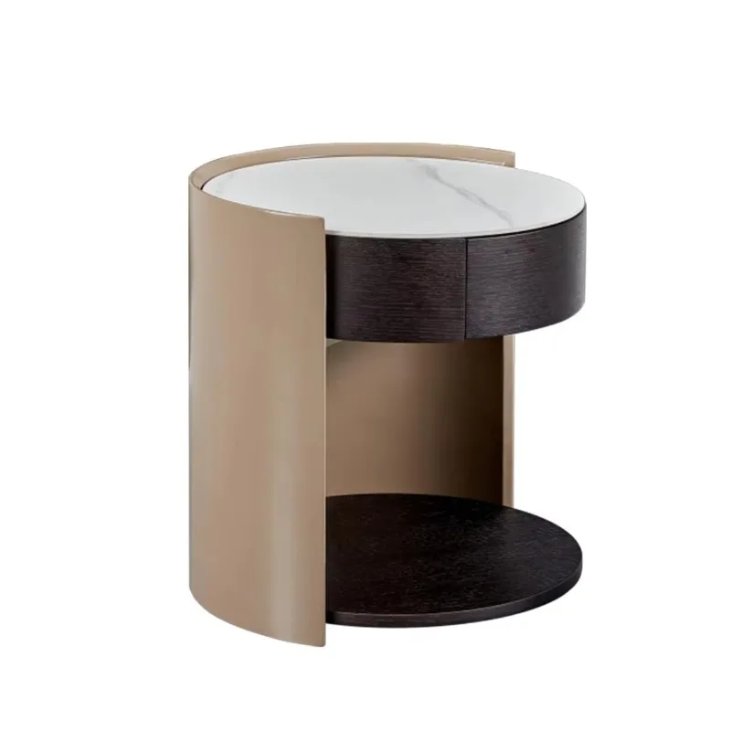 Modern Luxury White Carrara Sintered Stone Top Drawer Oak Painted Round Bedside Table Home Design