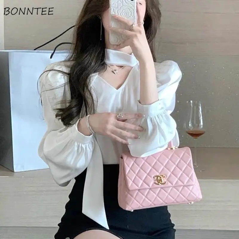 White Blouses Women Leisure Elegant Office Lady Chic Soft New Spring Designed Streetwear Puff Sleeve Temperament French Vintage