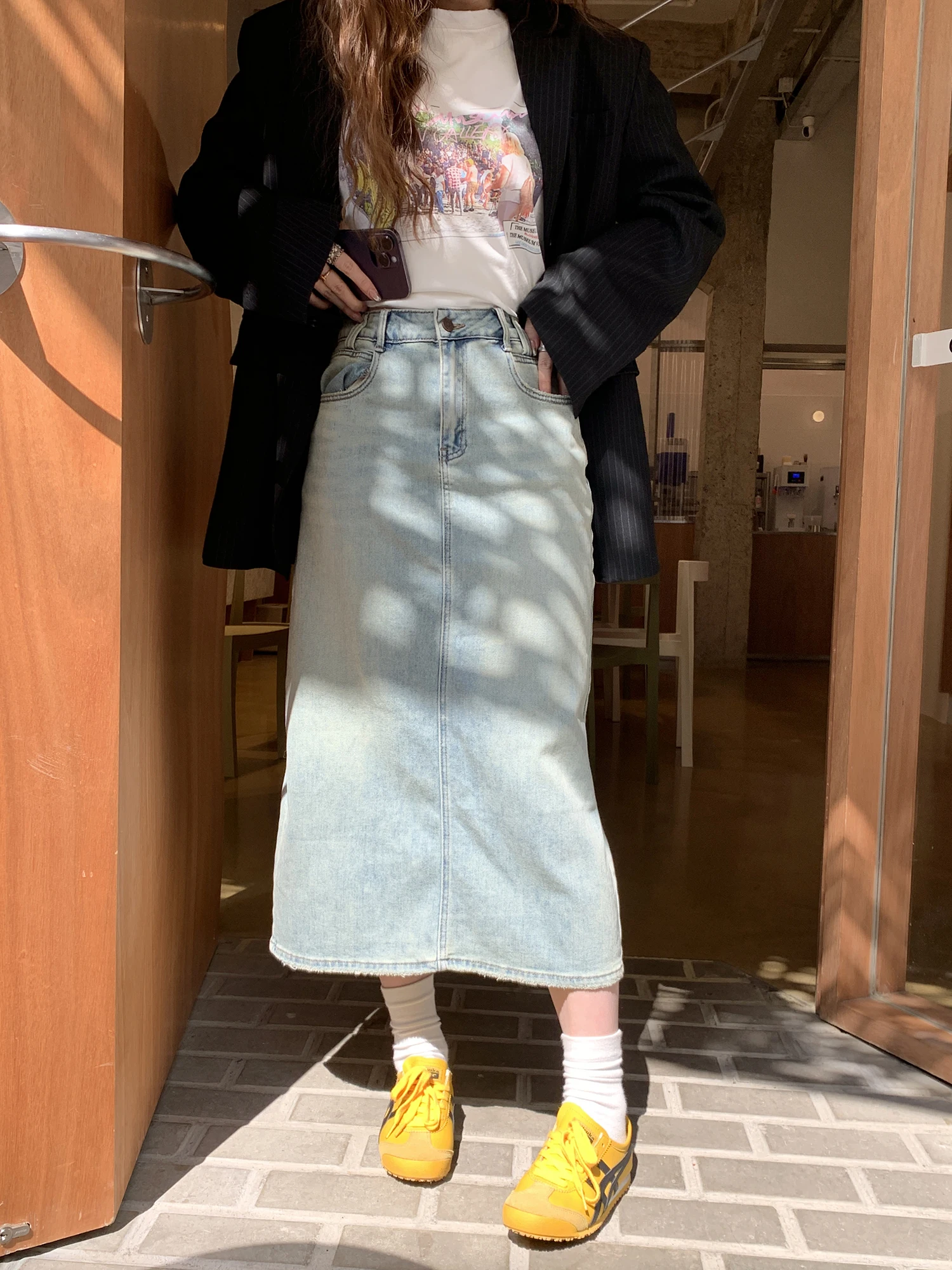 

Юбка А-силуэта с высокой талией, женская эластичная облегающая джинсовая юбка, новинка весны 2024, корейский стиль, смесь хлопка и полиэстера