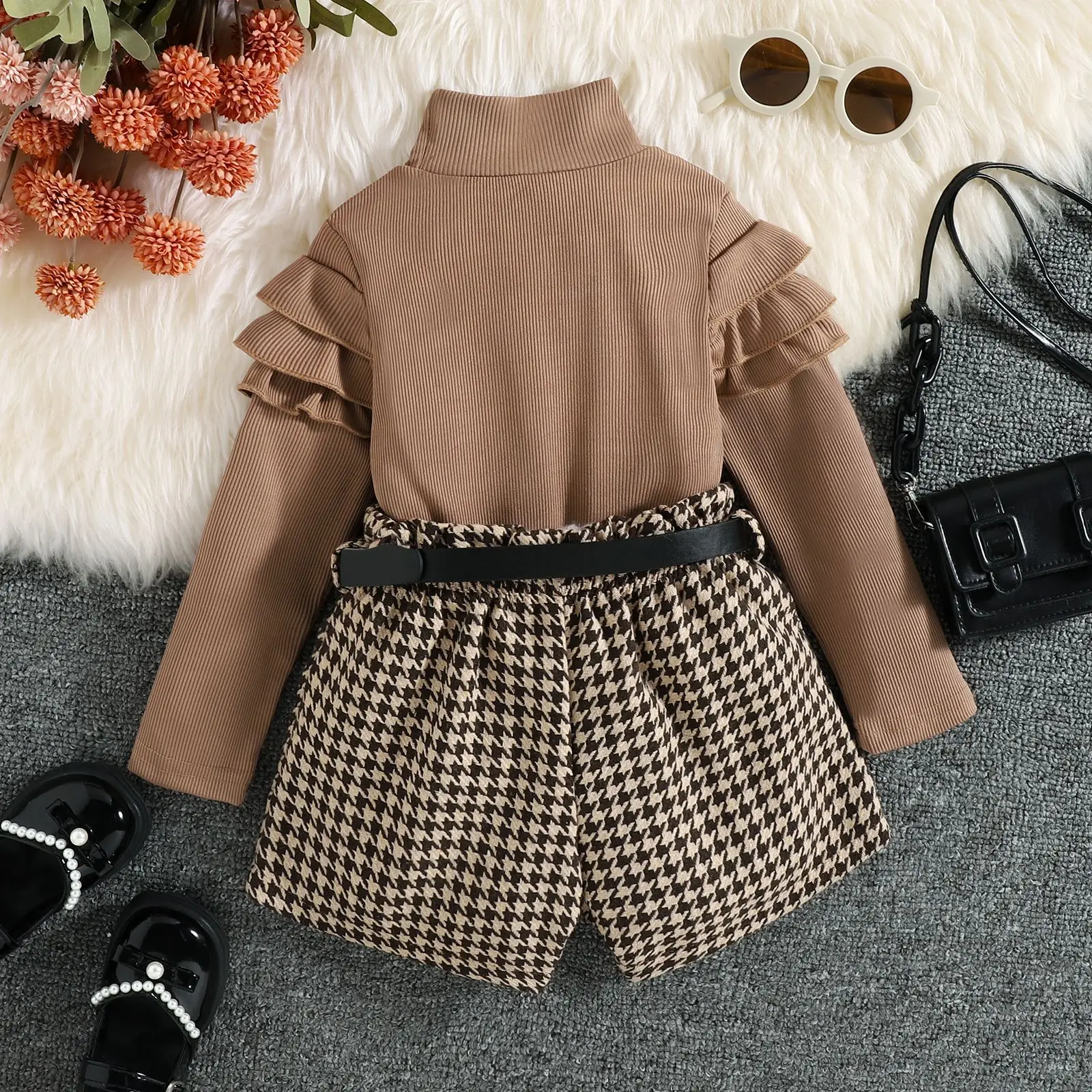 3Piece Fall Toddler Girl Clothes Korean Fashion High Collar Solid Long Sleeve Baby Tops+Shorts+Belt Luxury Kids Clothing BC870