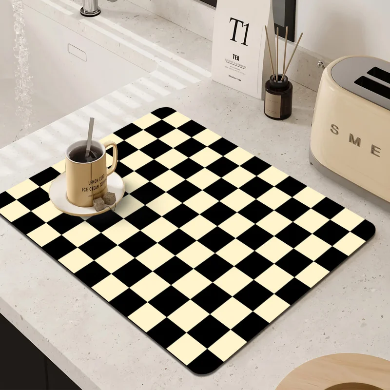 VIKAMA Off-White Checkered Bar Counter Absorbent Mat Coffee Machine Bar Counter Non-Slip Mat Minimalist Ins Style Decorative Mat