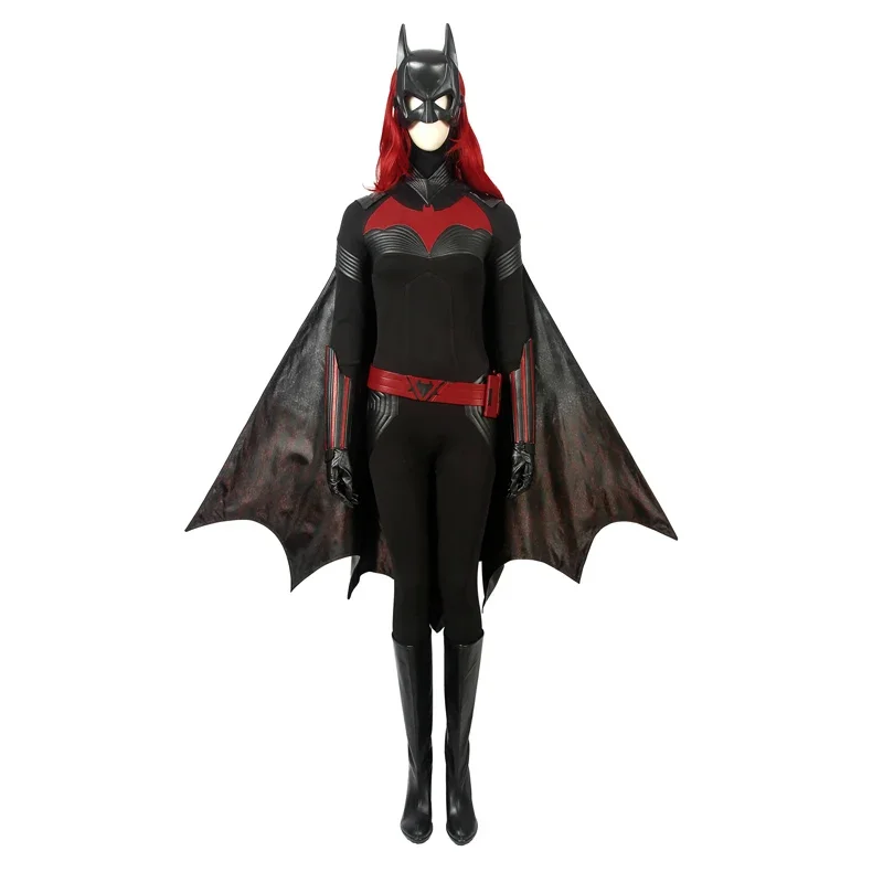 Female Batwoman Cosplay Costumes Kate Kane Roleplay Jumpsuit Superhero Black Leather Bodysuit Cloak Wig Mask Halloween Outfits