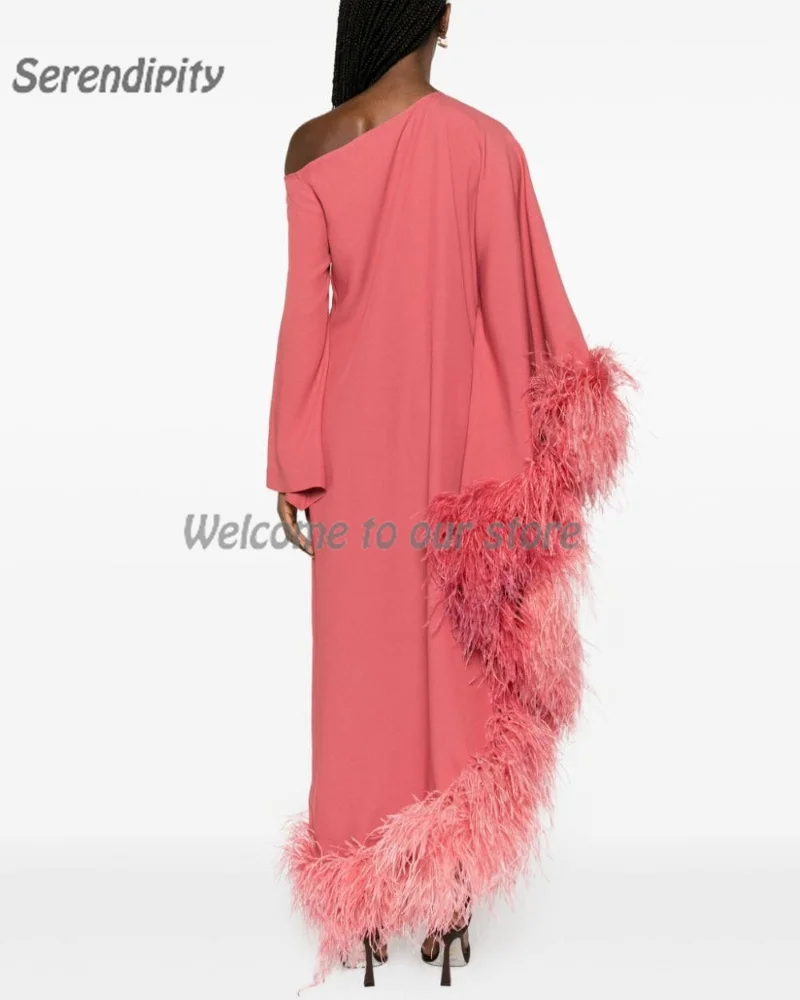 Serendipity Straight فساتين السهرة Evening Dress One-Shoulder Elegant Feathers Long Sleeve Cocktail Party Gown For Sexy Women