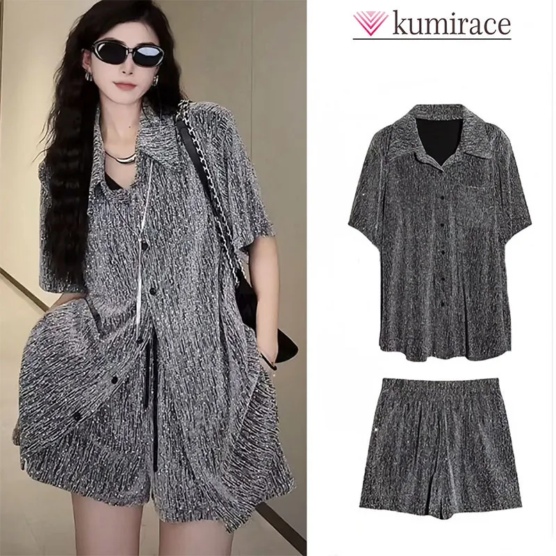 

Summer Shiny Gold Plated Diamond Burnt Sleeve Shirt Fashion Casual Loose Short Sleeve Coat+Wide Leg Shorts Two Piece Set