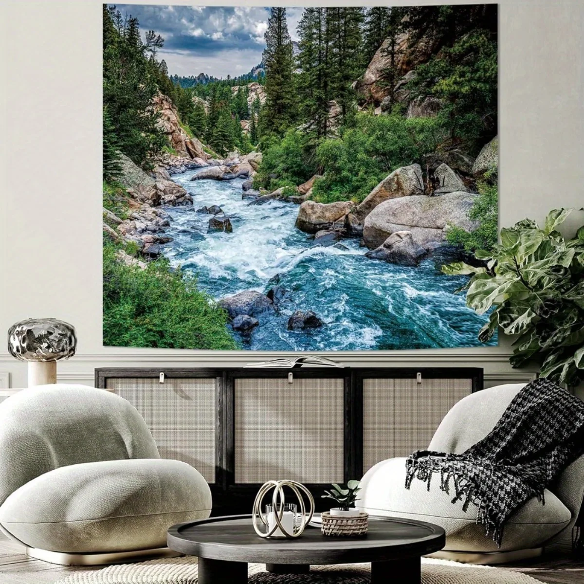 Forest Tapestry Polyester Large Mountain Waterfall Pine Trees River Wall Art Nature Decor Bedroom Living Room