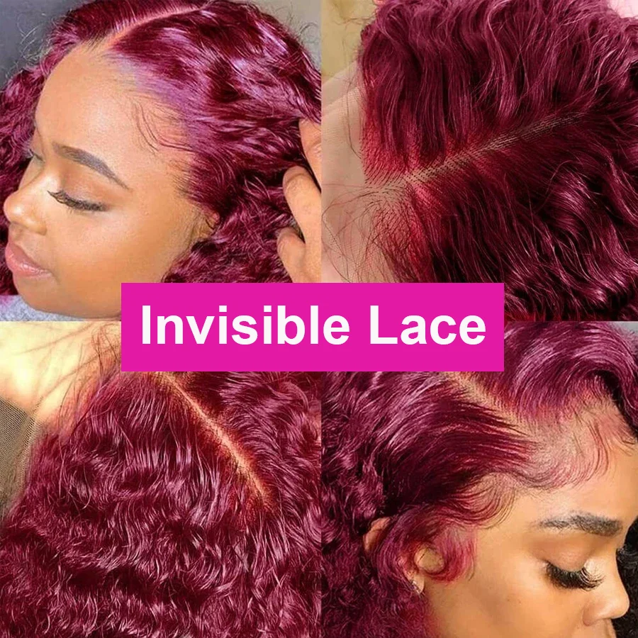 Perruque Bob Lace Front Wig 100% naturelle brésilienne, cheveux courts bouclés, bordeaux 99J, 13x4, 16 pouces, densité 180