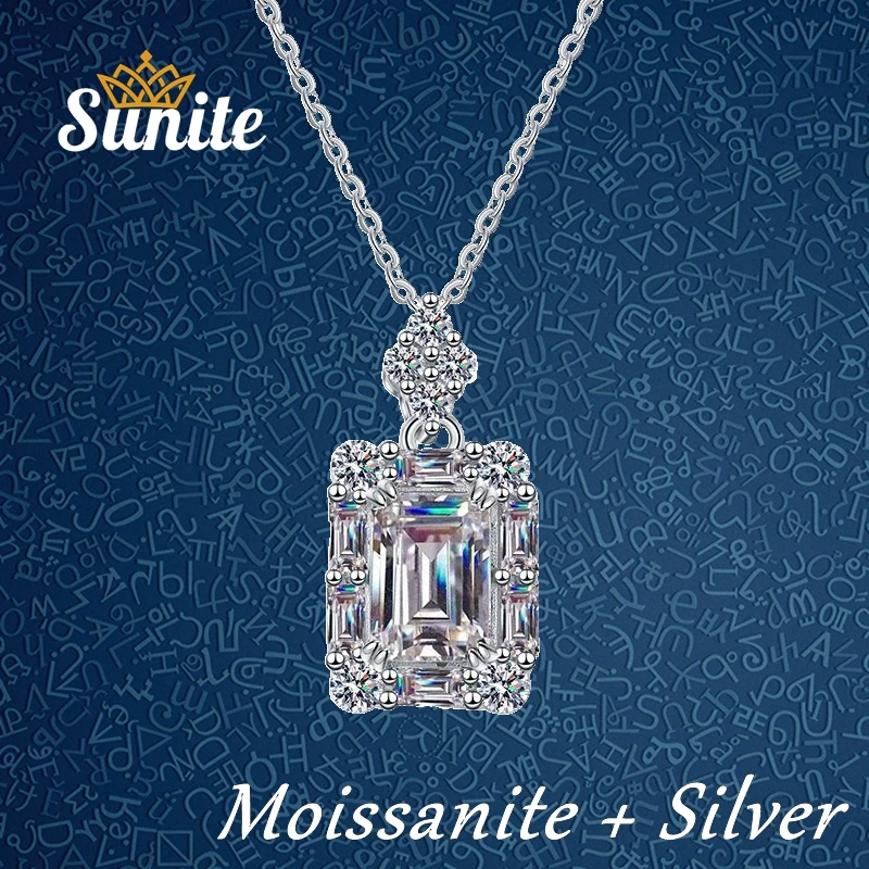 

Sunite 1.0ct Moissanite Diamond Rectangle Necklace Pendant for Women Radiant Emerald Cut 925 Sterling Silver Fine Jewelry