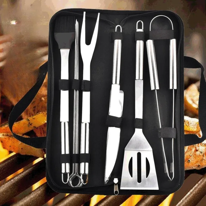 

BBQ Barbecue Tool Fork Shovel Clip Combination Set Oxford Bag Aluminum Box Outdoor Household Stainless Steel Pipe Handle