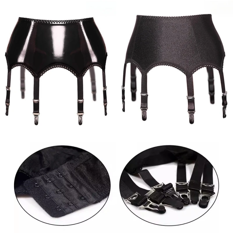 High Quality Back Hasp Shaper Garter Belt With Metal Buckles Women Sexy Oil Shiny PU Leather Underwear Adjustable Suspender Belt