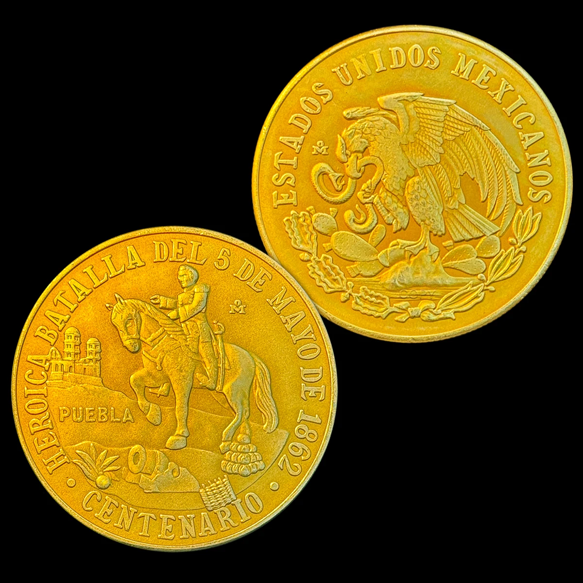 เม็กซิกัน 1862 รูปปั้นทั่วไป Ignacio Zaragoza บนม้า 50 Pesos Gold แบบจําลองเหรียญ Eagle Bite งูเหรียญที่ระลึก