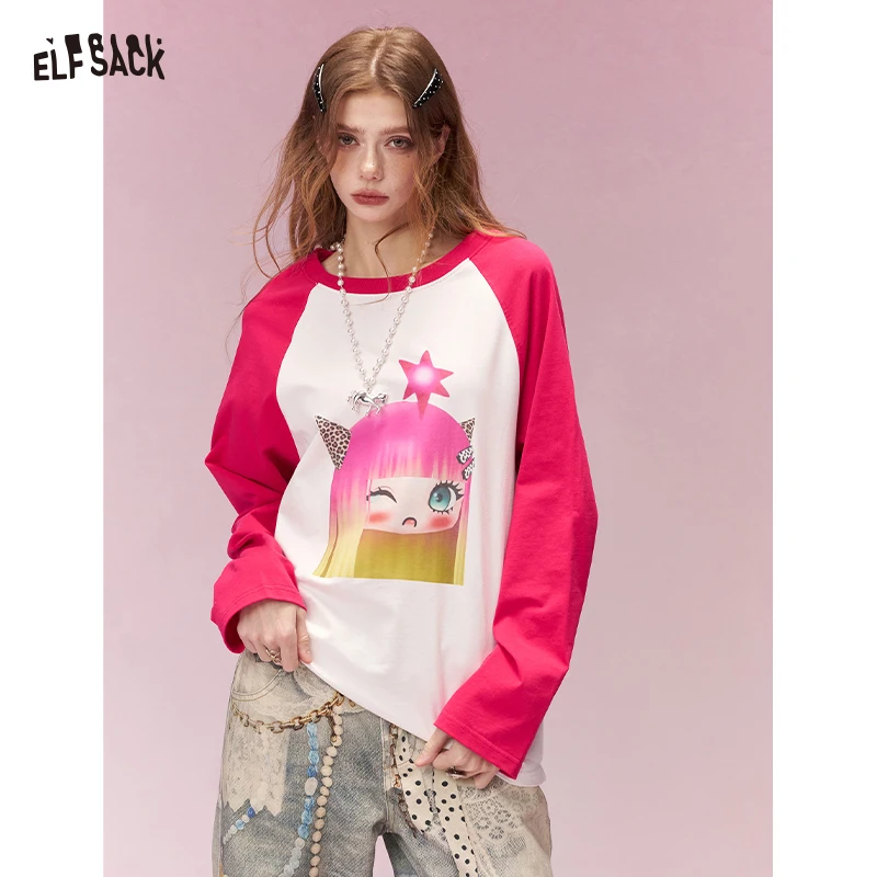ELFSACK Whimsical Cartoon Doll Print Hot Pink Raglan Tshirt For Women