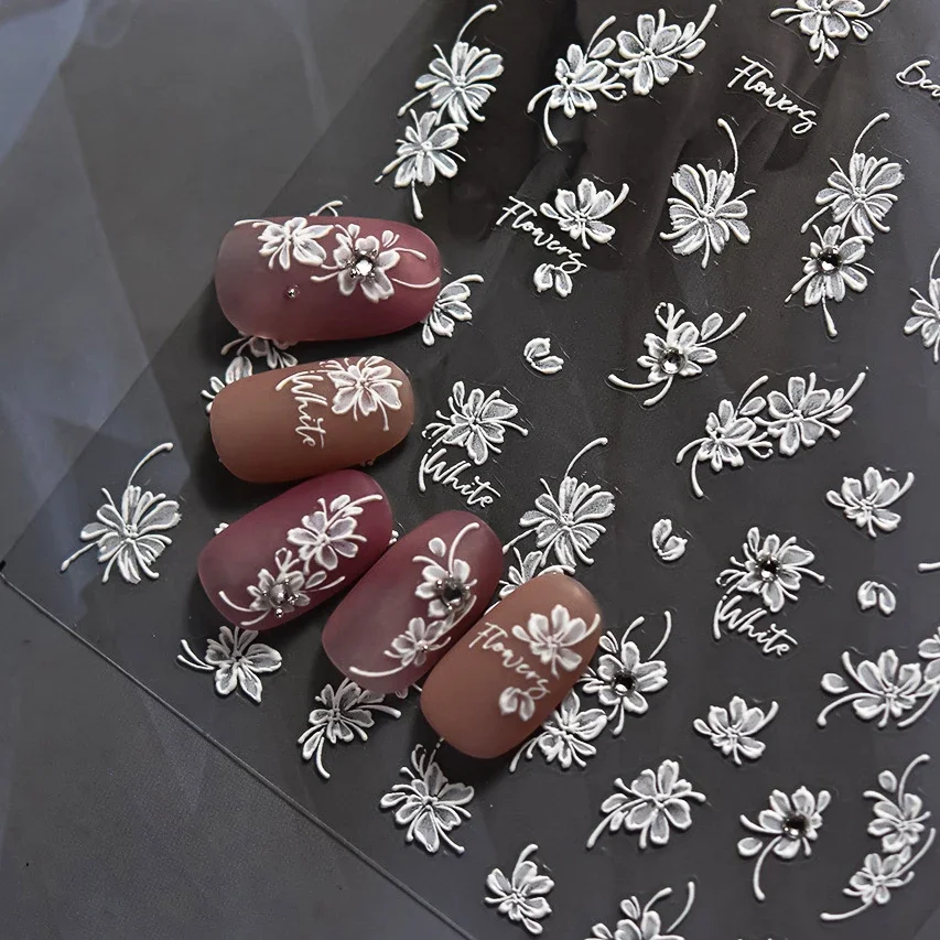 1 pièce 5D blanc floraison fleur autocollant pour ongles fleur arc strass perle doux relief nail art décoration autocollant nail art décalcomanie