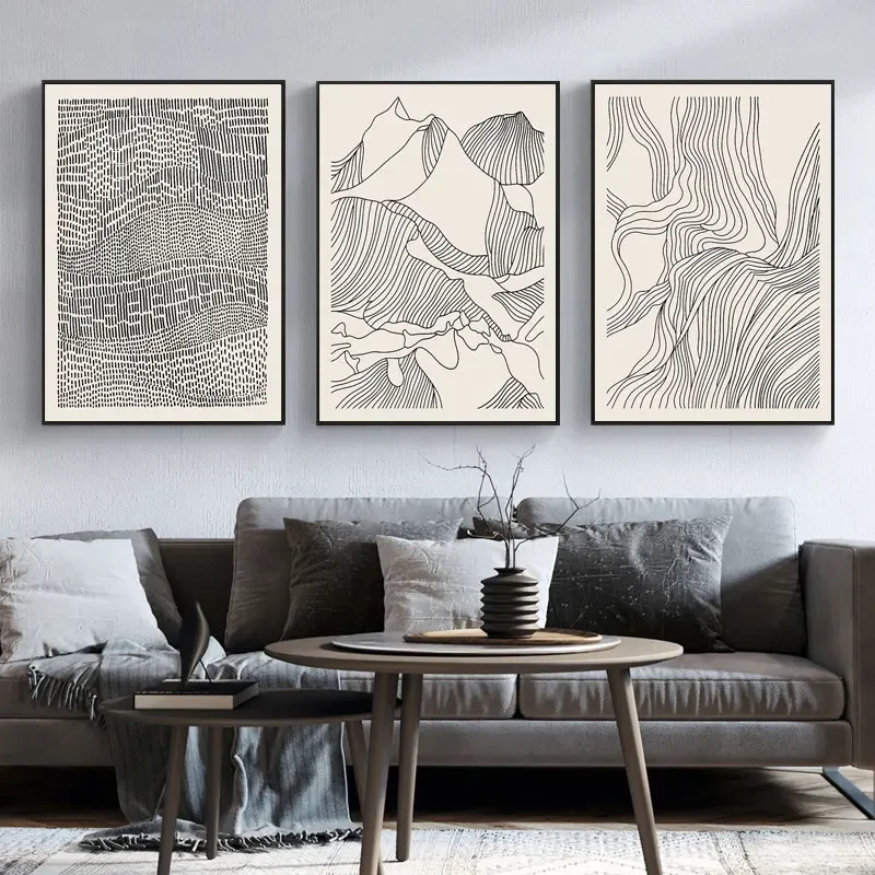 Black and White Canvas Painting Abstract Lines Distant Mountains Flowing Walls Artistic Images Posters Modern Home Decoration