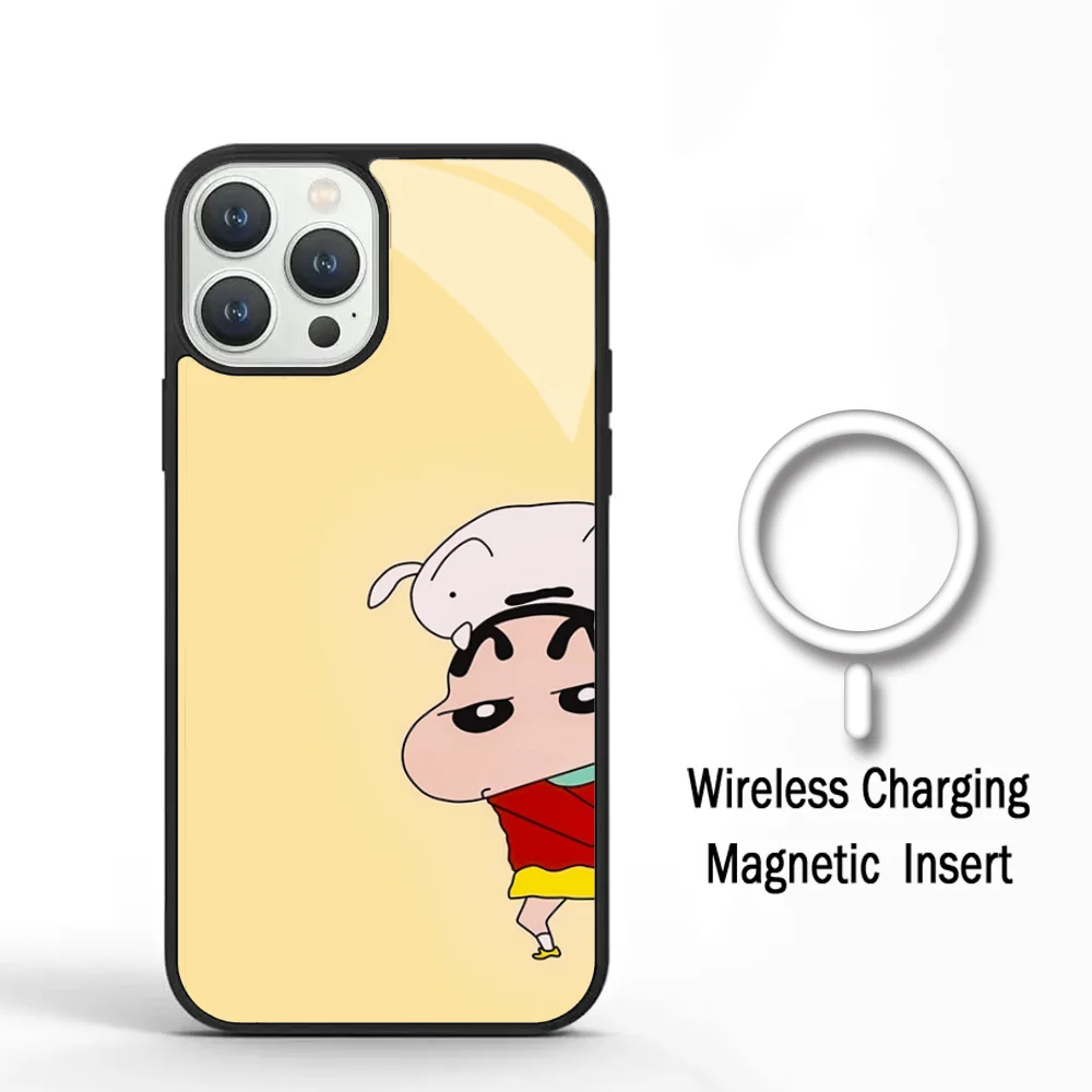 Cutoon C- Crayon S-ShinChan Phone Case For IPhone 11 12 13 14 15 Plus Pro Max Mirror Acrylic Cover For Magsafe Wireless Charging