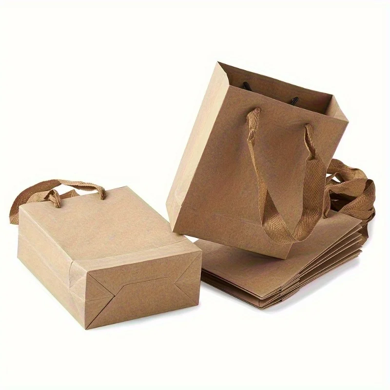 10pcs Brown Rectangular Kraft Paper Bags with Nylon Handles,