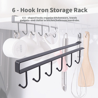 6 - Hook Iron Storage Rack, No - Drill Partition Organizer Kitchen, Multi - Functional for Kitchen/Bathroom, Black & White