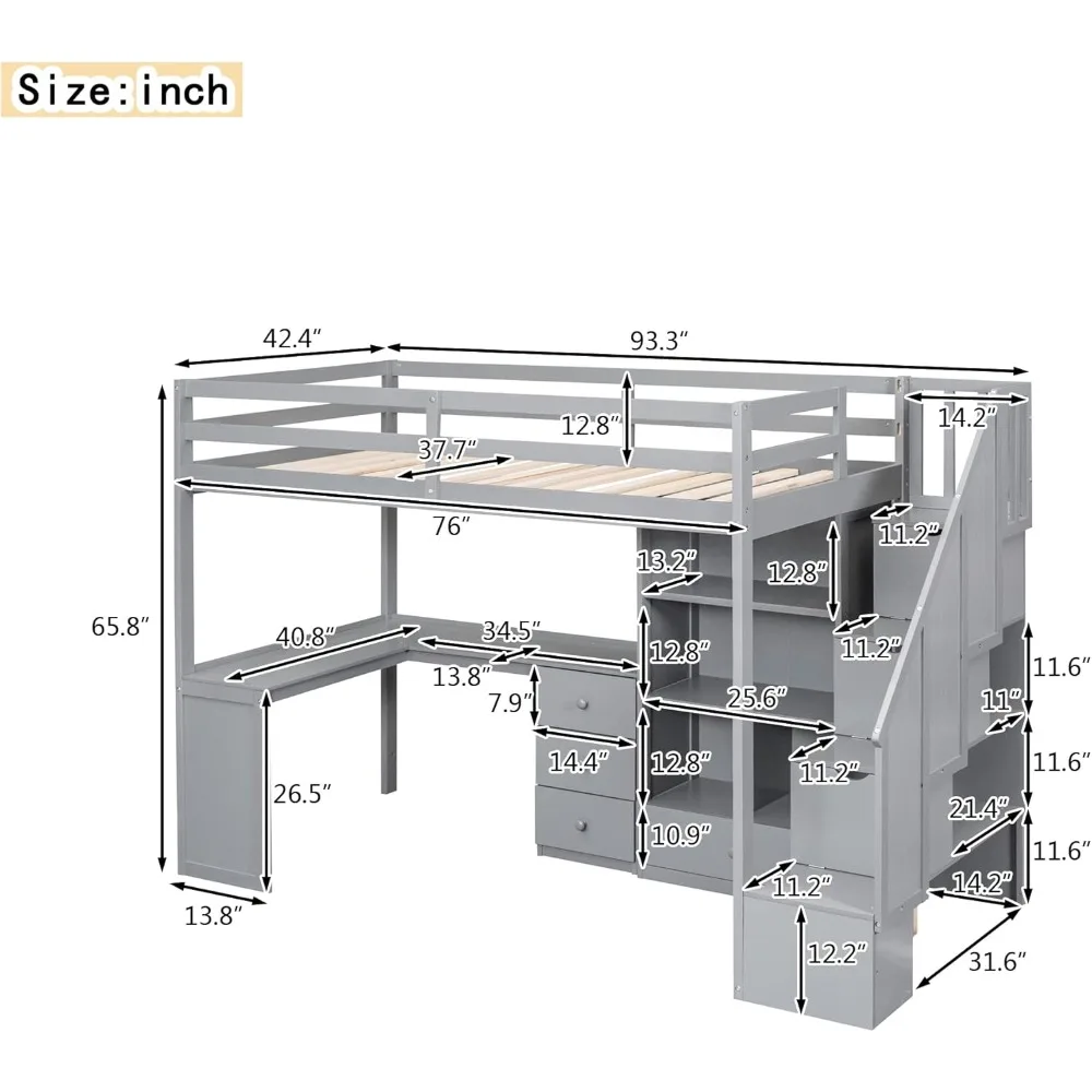 Twin Size Loft Bed with Staircase & L-Shaped Desk, Wooden Loft Bed with Storage Shelves and Drawers, Twin Loft Bunk Beds Frame