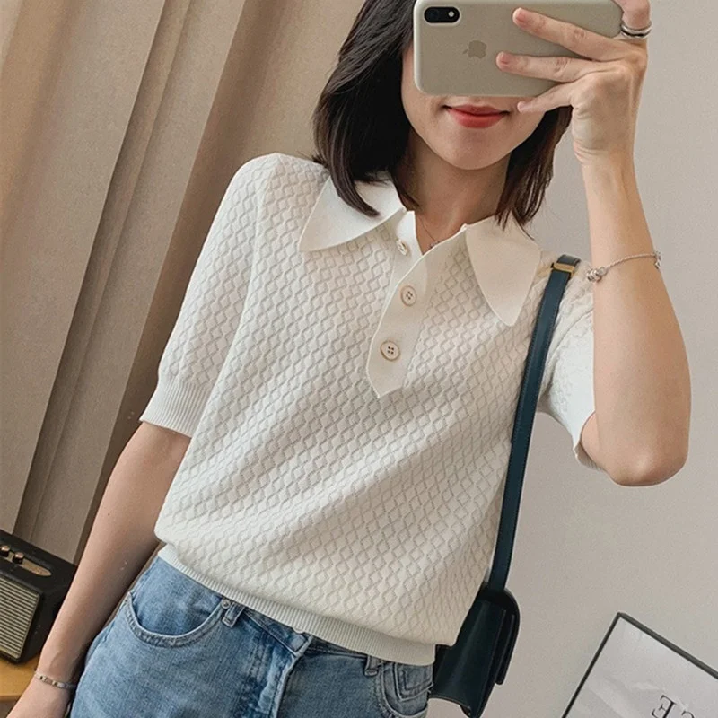 Summer  temperament ice silk short sleeve POLO collar cotton hollow loose knit T-shirt women thin thin shirt