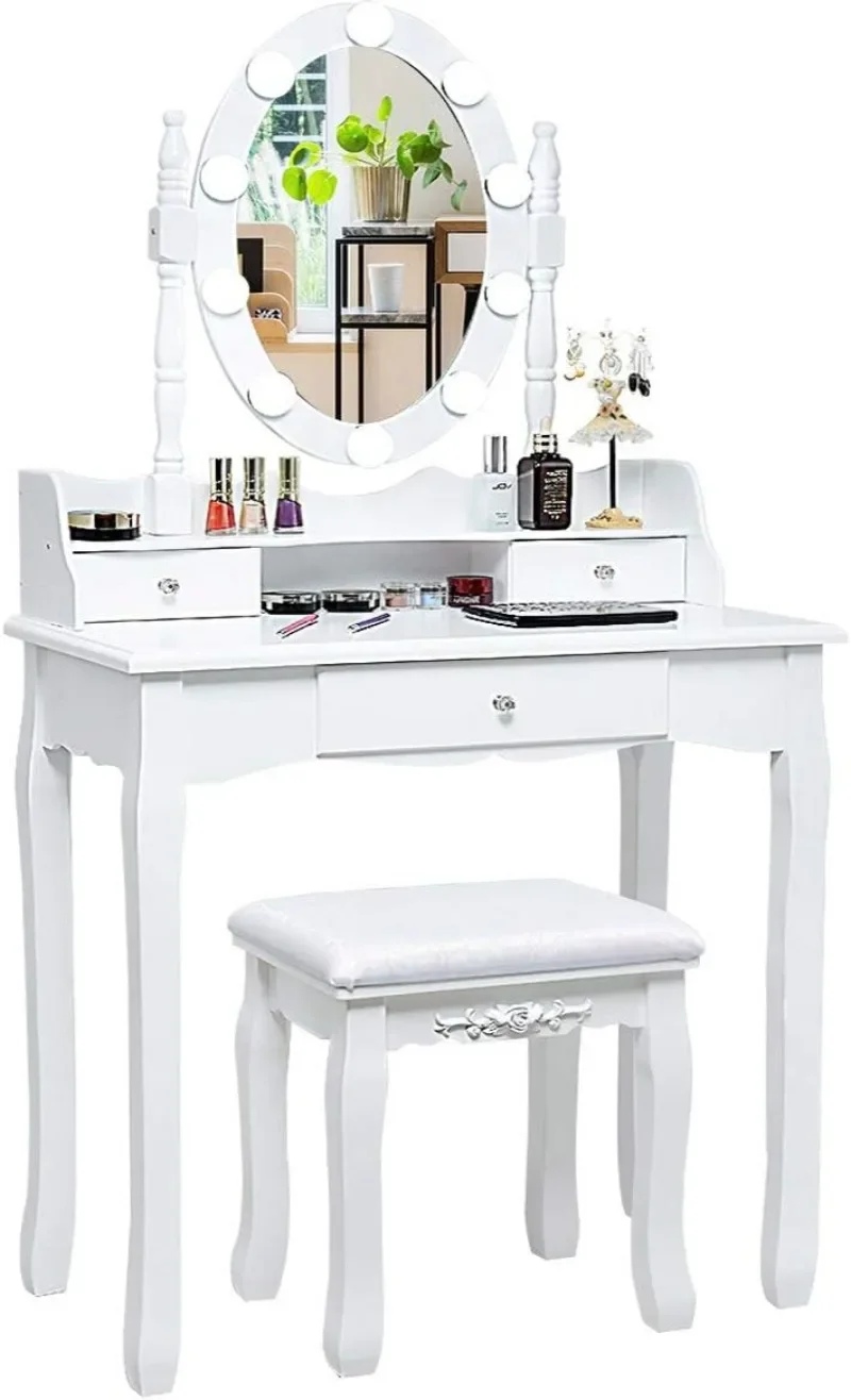 Vanity Table Set with Lighted Mirror, 10 Dimmable LED Bulbs, Makeup Dressing Table with Rotating Mirror and Cushioned Stool