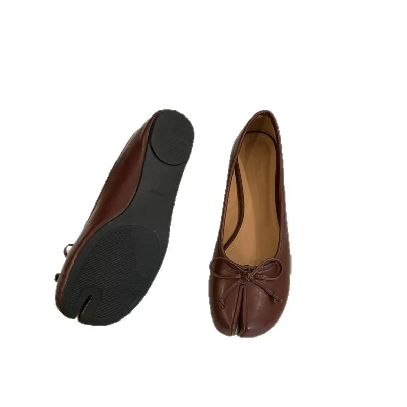 ربيع المرأة شقة سبليت تو أحذية مع القوس لينة الجلود ربطة القوس فيونكة الجبهة الضحلة الانزلاق على الفتيات تابي أحذية الشقق أحذية الباليه