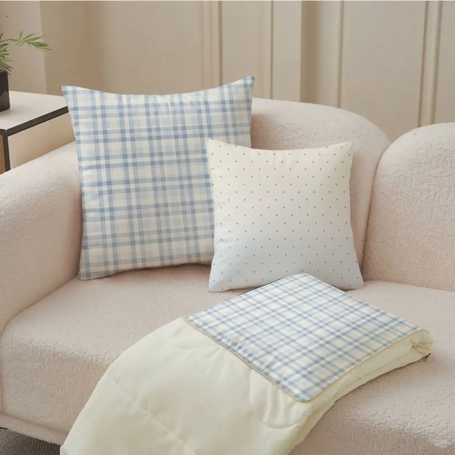 Blue Plaid Dot Decorative Pillow and Blanket Set, Soft Cream White Sofa Cushions, Portable Dual-use Throw for Living Room