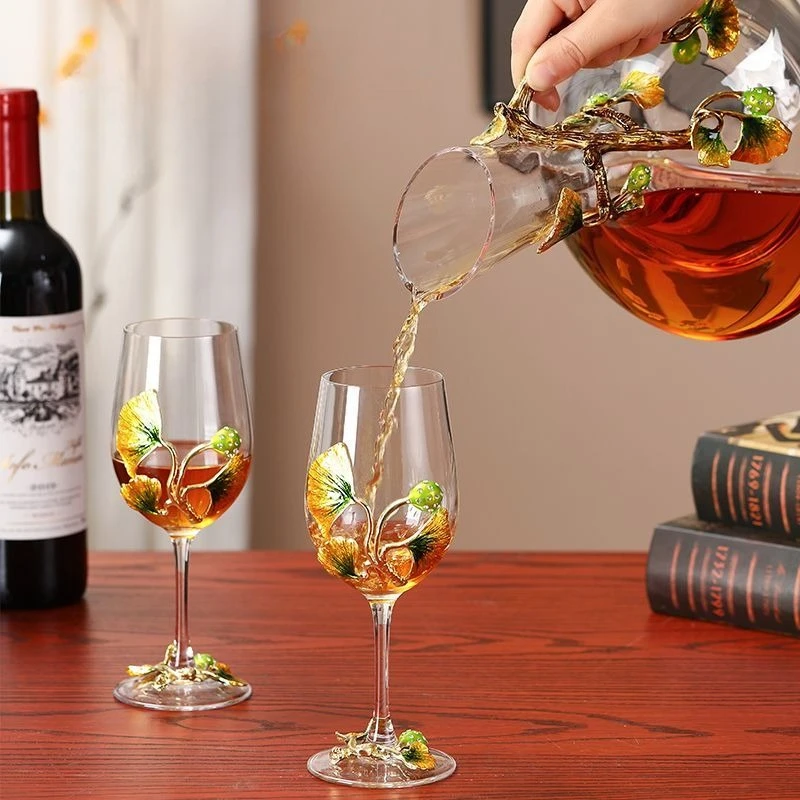 Creative Ginkgo Enameled Red Wine Glass Set, Carved Goblet for Home Tasting, Elegant Glass for Daily Vintage Enjoyment