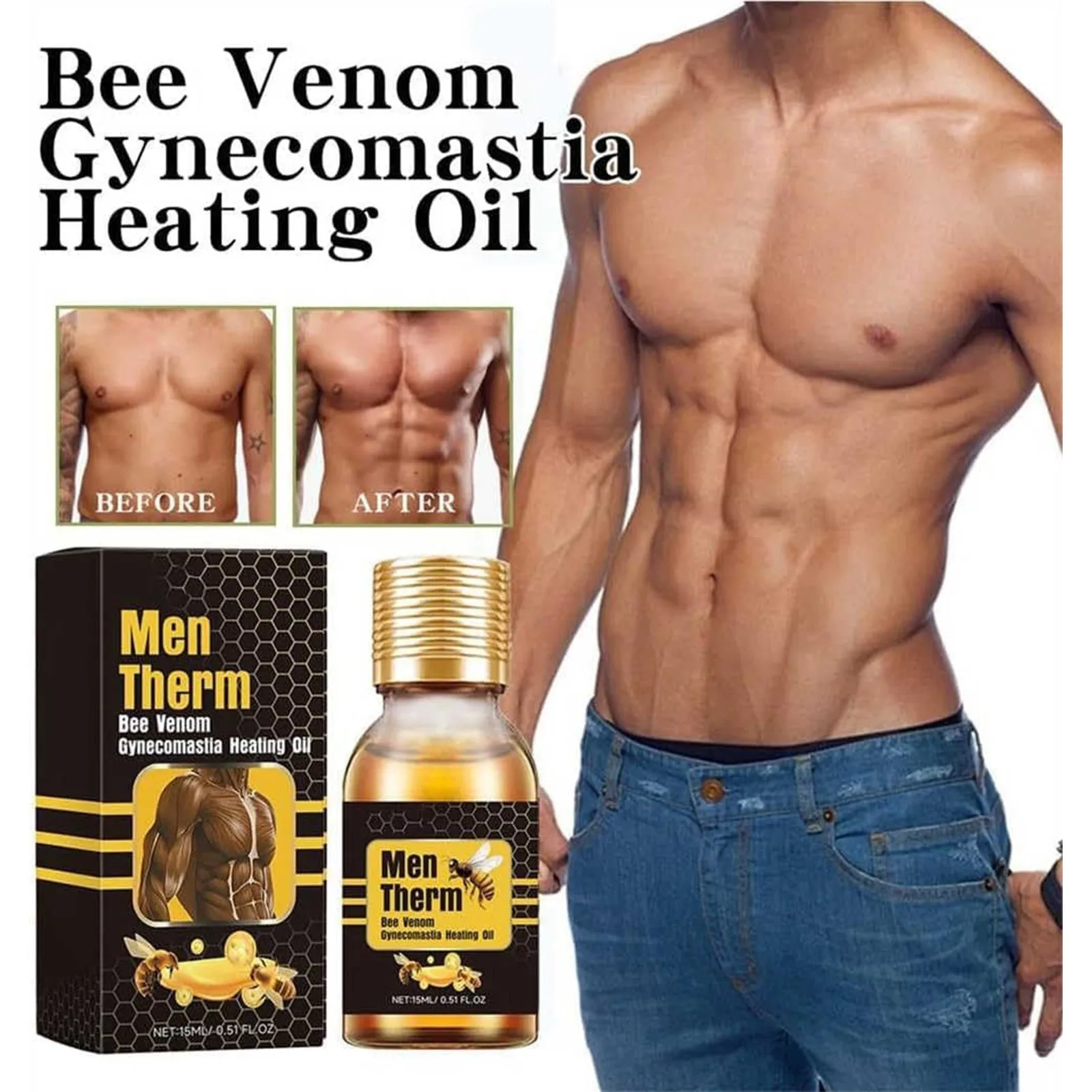 2024 New Male Breast Shaping Care Solution Bee Gynecomastia Heating Oil Best Men Bee Oil Gynecomastia Tightening Oil 15ml