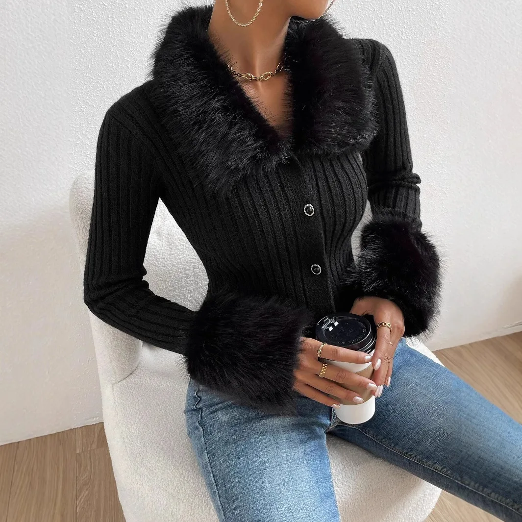 Women Ribbed Knit Cardigan Faux Fur Collar Cuffs Slim Fit Button Down Long Sleeve Sweater Elegant Autumn Winter Outerwear