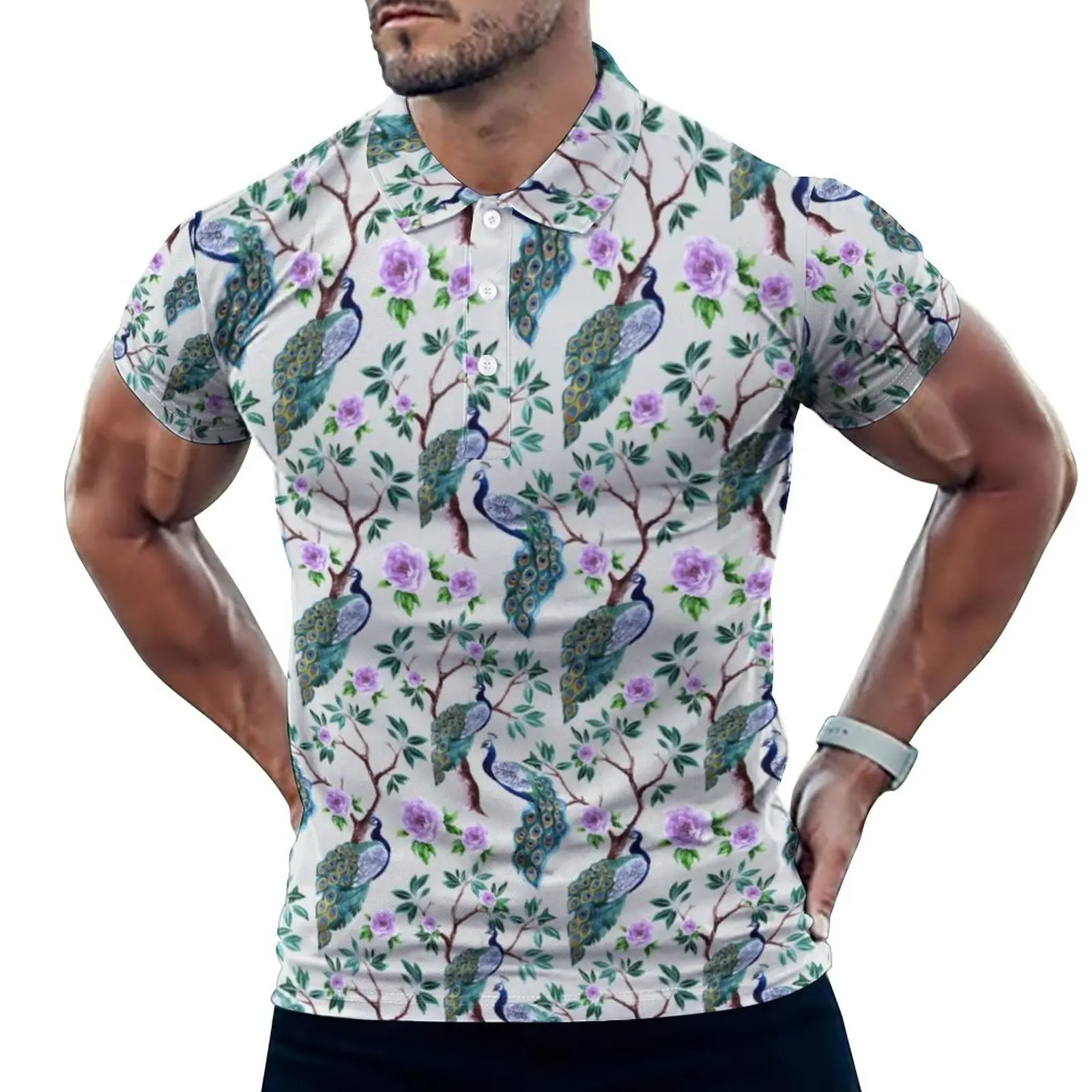 

Vintage Birds Polo Shirt Peacock in Flowering Tree Casual Shirt Summer Fashion T-Shirts Men Short-Sleeve Print Oversize Top