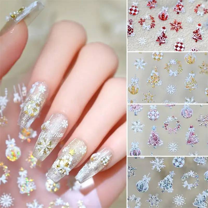สติกเกอร์ติดเล็บลายคริสต์มาส โบว์น่ารัก ลายเกล็ดหิมะหลากสี ลายต้นคริสต์มาส สไตล์สาวหวาน ของตกแต่งเล็บสำหรับผู้หญิง ของขวัญ
