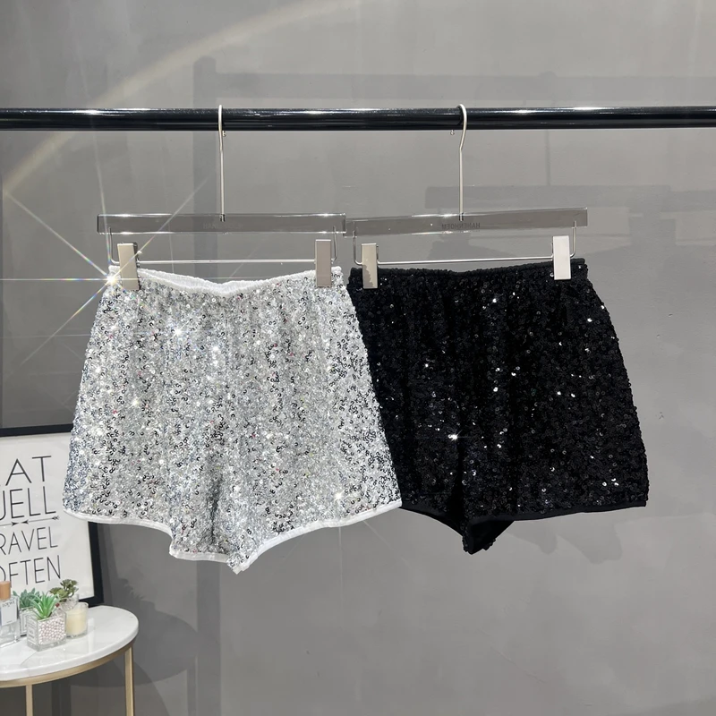 

New Modern Heavy Industries sequined European high-waisted shorts women's new 2024 elastic loose wide-leg hot pants casual pants