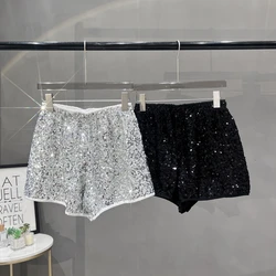 New Modern Heavy Industries sequined European high-waisted shorts women's new 2024 elastic loose wide-leg hot pants casual pants