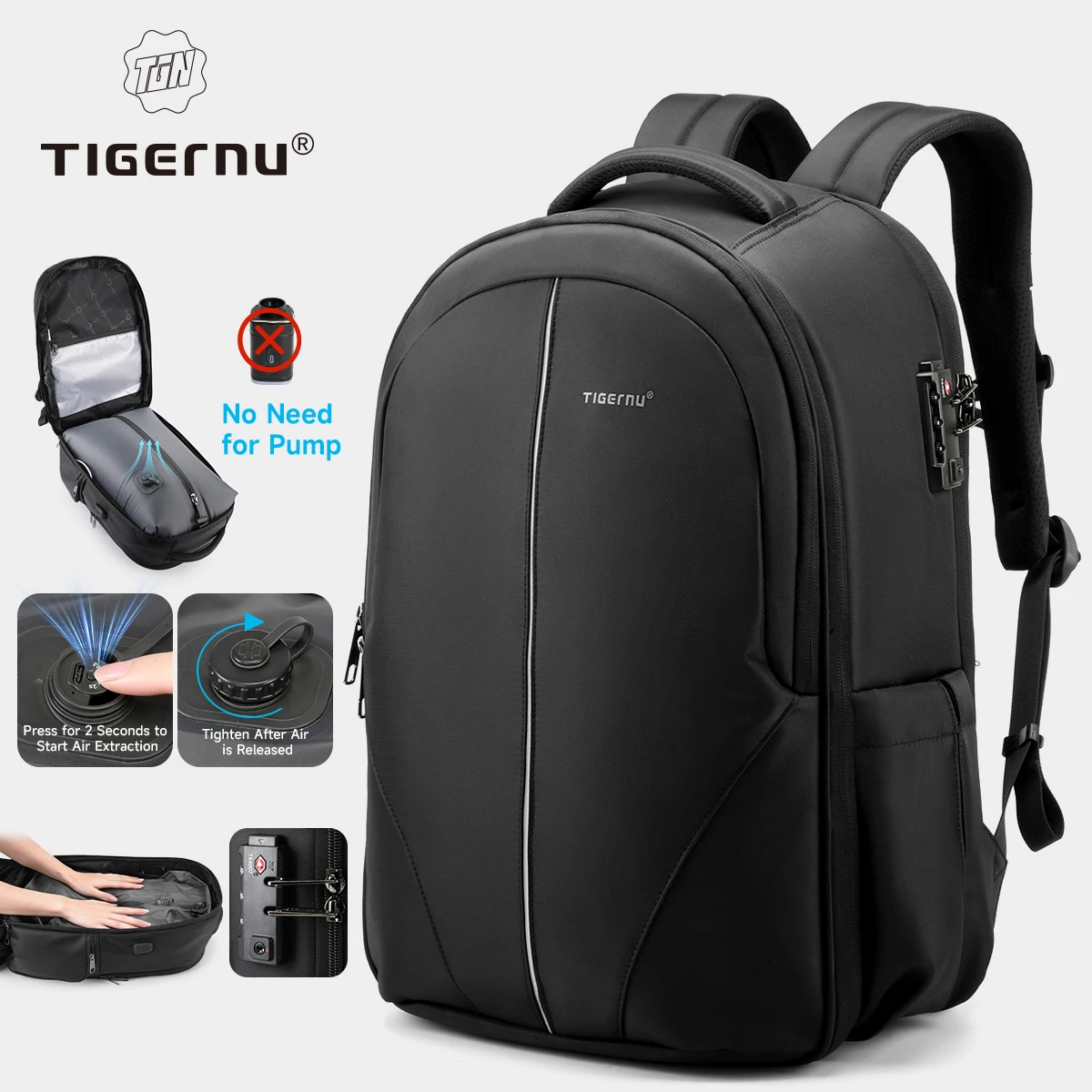 Tigernu فراغ ضغط حقائب الظهر 15.6 17 بوصة محمول على ظهره الرجال التلقائي حقيبة ظهر مفرغة لا مضخة حقيبة السفر أكياس TSA