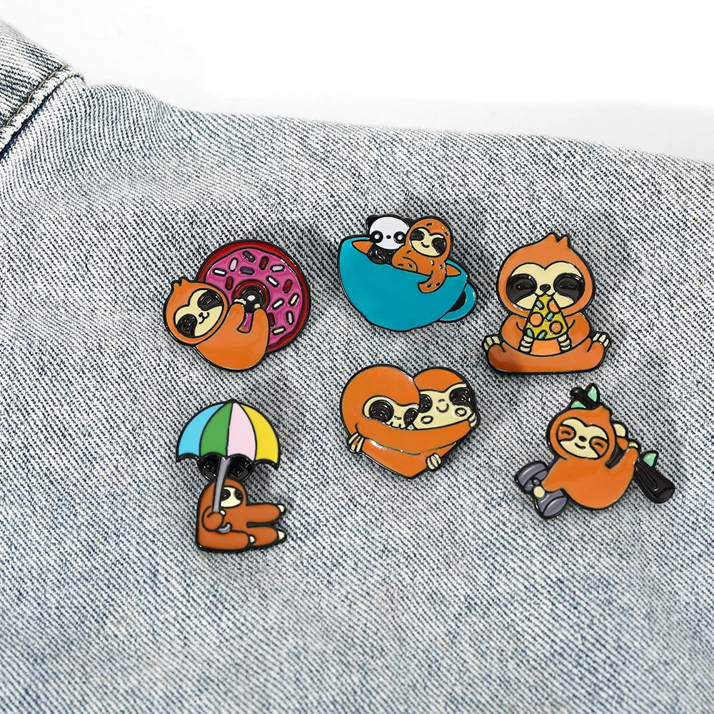 Cute Sloth Collection Enamel Brooches Cartoon Bradypod With Umbrella Dumbbell Pizza Donut Lapel Pins For Backpack Decoration