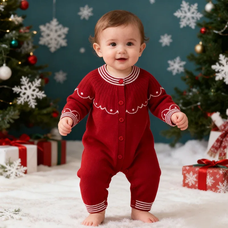 

Рождественские комбинезоны для маленьких девочек, вязаные комбинезоны для мальчиков, осень-зима, красная вязаная одежда с длинными рукавами, комбинезоны для новорожденных, наряды