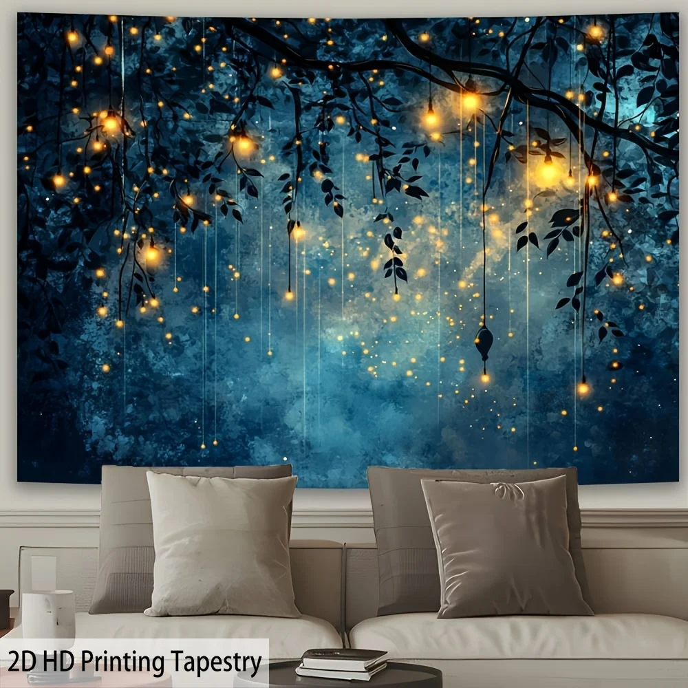 VIKAMA Blue Night Light String Tapestry Twinkle Branches Leaves Wall Hanging Vintage Scenery Backdrop Bedroom Decor