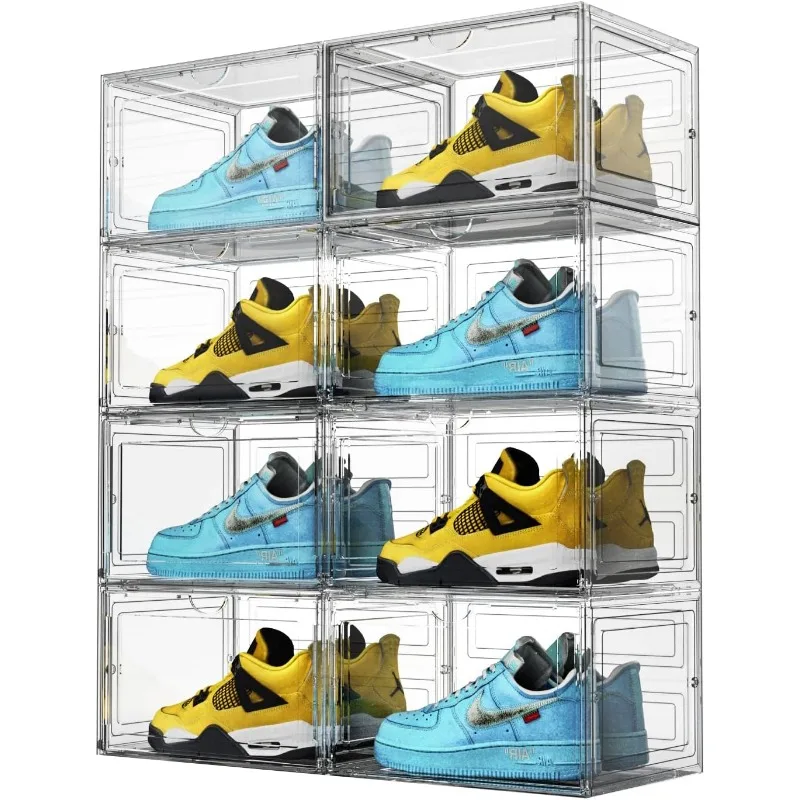 

XL Shoe Storage Box,8 Pack Drop Side Shoe Boxes Clear Plastic Stackable,Sneaker Display Case with Magnetic Door Fit up