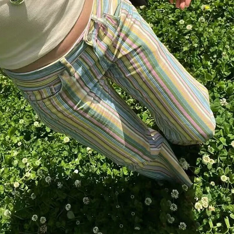 Pantalones Vaqueros Anchos HXAO Rainbow para Mujer, Jeans Rectos 2026, Jeans a Rayas de Tiro Bajo para Mujer, Pantalones de Mezclilla Chic, Pantalones Streetwear
