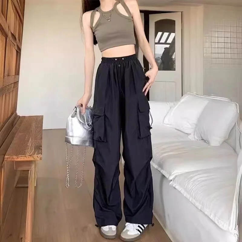 

Женские спортивные штаны большого размера, повседневные брюки-карго, однотонные, с низкой талией, на шнурке, с большими карманами, широкие мешковатые брюки, женская уличная одежда Y2K