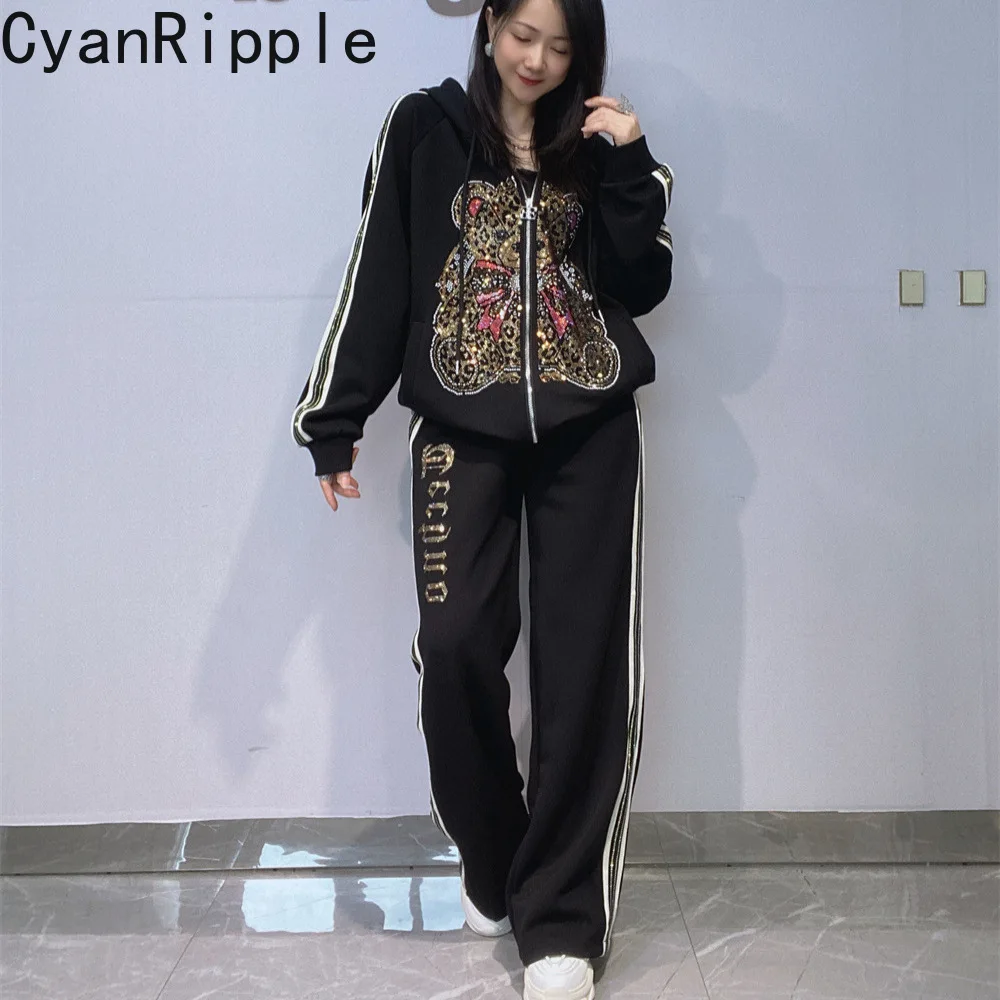 Fashion Autumn Winter Women Hoodie Set Bear Hot Diamonds Hooded Zip Cardigans Coat + Elastic Waist Wide Leg Casual Long Pants