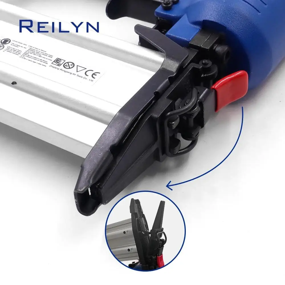 Imagem -06 - Reilyn-grampeador Pneumático para Móveis Brad Nailer Air Nailer Pistola para Estofos Molduras Ferramentas de Carpinteiro com Caixa de Pvc F50 18ga