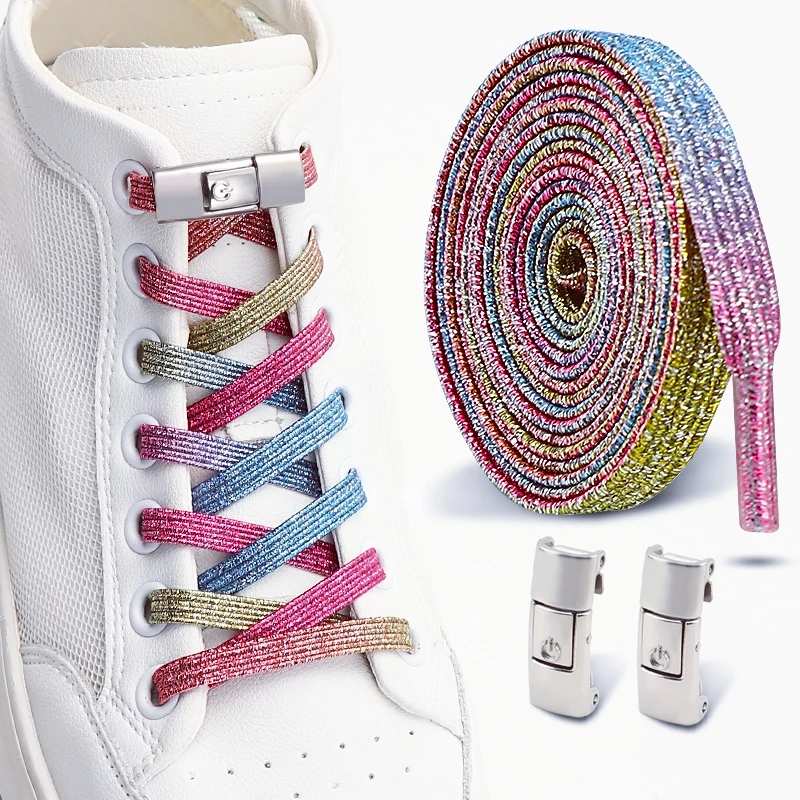 Kleurrijke glitter veters zonder strikken, elastische veters, sneakers, diamanten slot veters zonder strikken, platte veters, schoenaccessoires