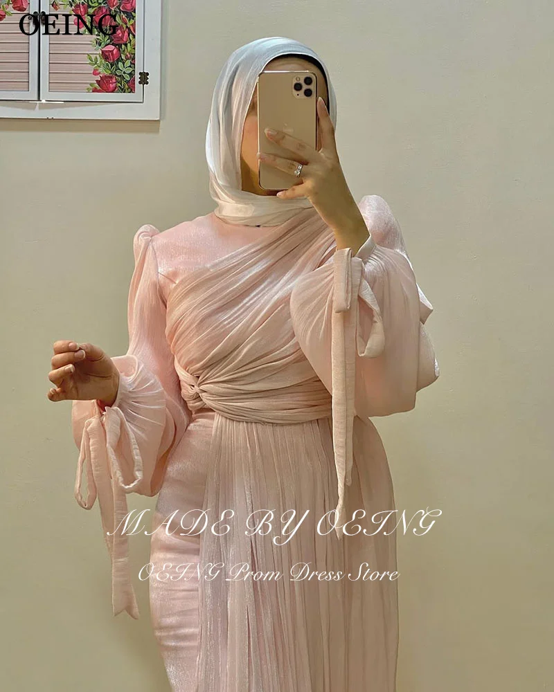 OEING Mermaid Pink Evening Dress Elegant Long Sleeves O-Neck Party Gowns Pleats Floor-Length Prom Dress Customized