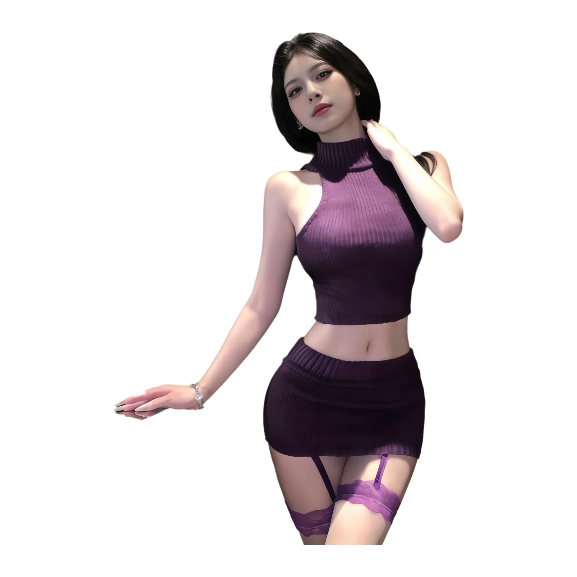 

Фиолетовый комплект Pure Desire: сексуальный, элегантный, с открытыми плечами, для ночного клуба, с вырезами, облегающий, униформа, соблазнительный комплект Charm 5B8I