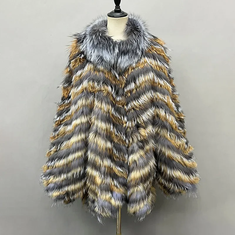 2024 Winter New Style Real Fox Fur Poncho Coats Lady Fashion Luxury Natural Fur Shawls Striped Fur Jackets