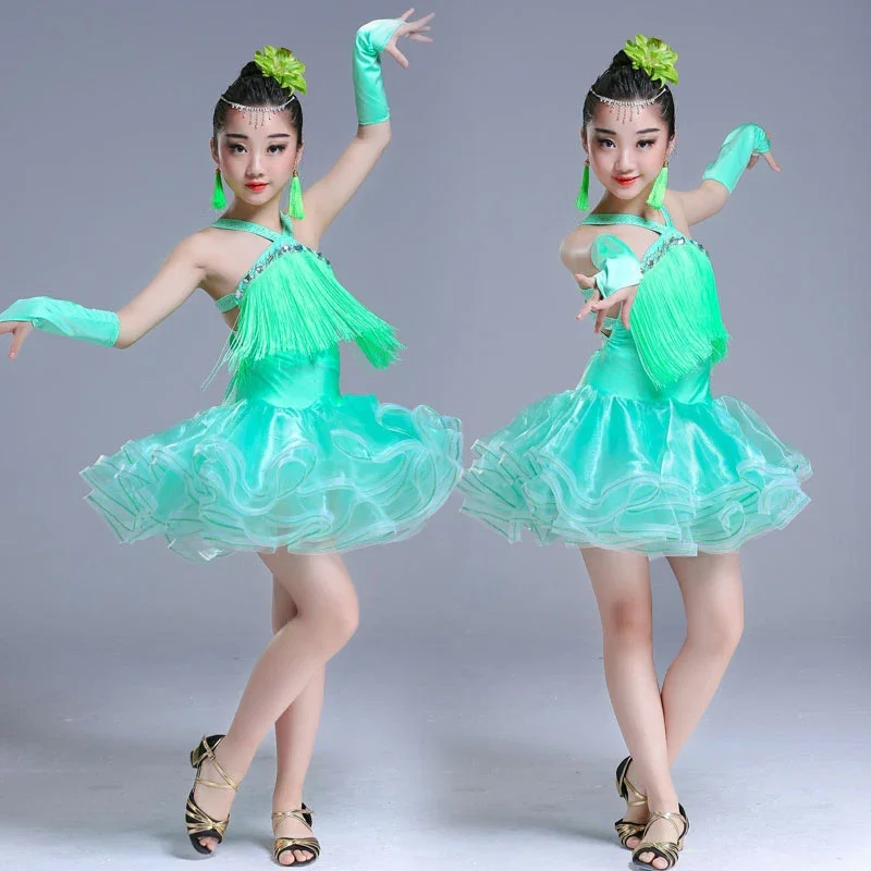 

Girls Children Latin Dance Skirt Fringed Sequins Modern Dance Dress Kids Green Salsa Tango Performance Dance Wear Costumes